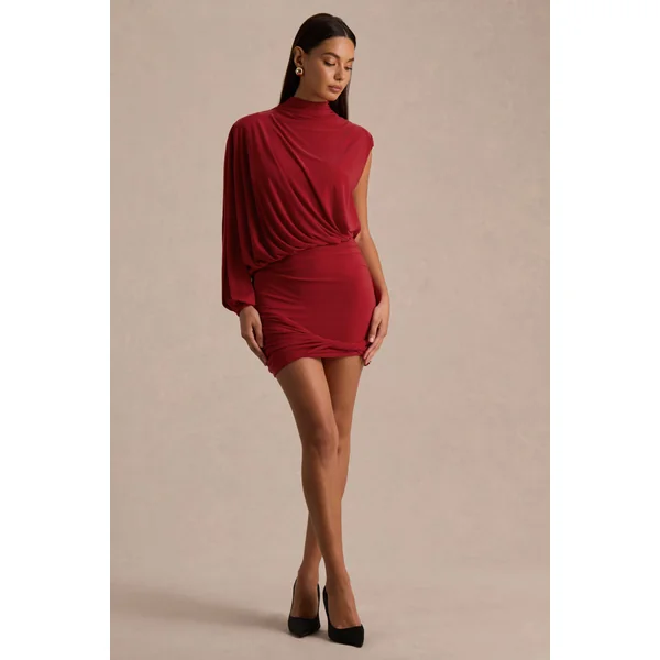 Zelda | Mini-robe rouge à col montant avec une manche longue et détail torsadé
