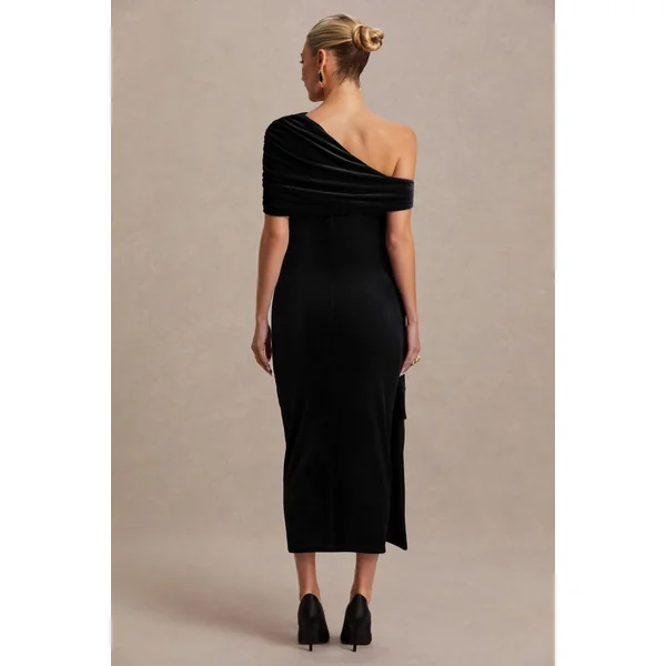 Zena | Robe mi-longue de maternité en velours noir à encolure asymétrique avec détail noué et ceinture