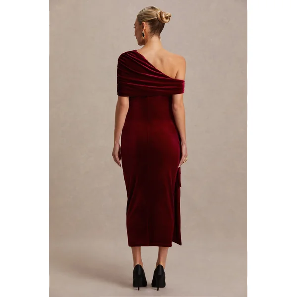 Zena | Robe mi-longue de maternité en velours rouge bordeaux à encolure asymétrique avec détail noué