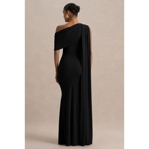 Zendaya | Robe longue noire sirène à décolleté asymétrique avec détail cape