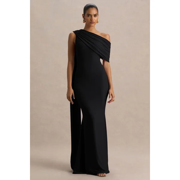 Zendaya | Robe longue noire sirène à décolleté asymétrique avec détail cape