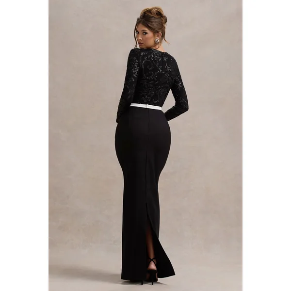 Zenith | Robe Longue en Dentelle Noire à Manches Longues