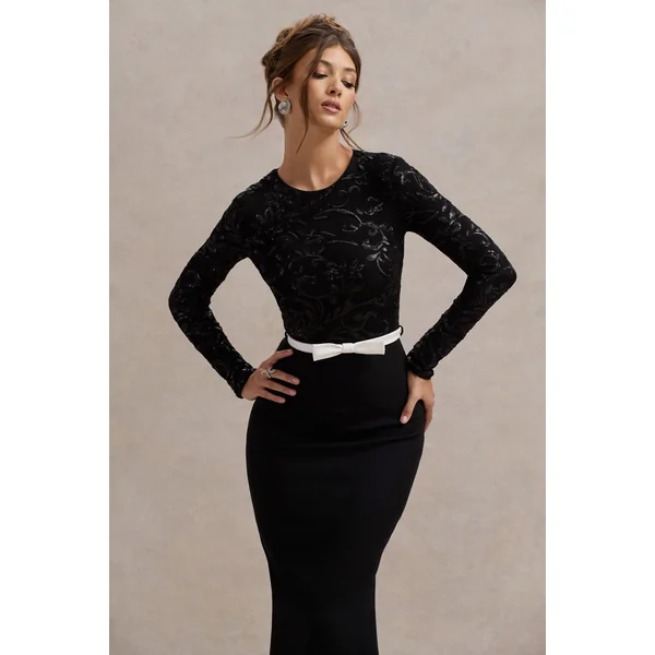Zenith | Robe Longue en Dentelle Noire à Manches Longues