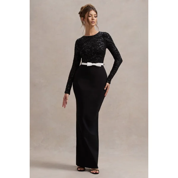Zenith | Robe Longue en Dentelle Noire à Manches Longues