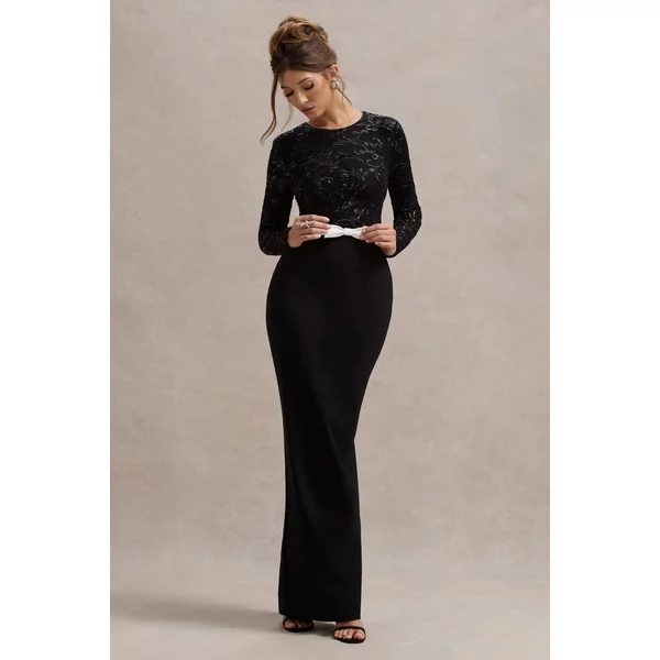 Zenith | Robe Longue en Dentelle Noire à Manches Longues