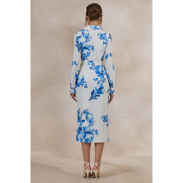 Zephy | Robe chemise mi-longue ceinturée à imprimé floral bleu