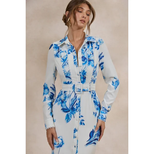 Zephy | Robe chemise mi-longue ceinturée à imprimé floral bleu