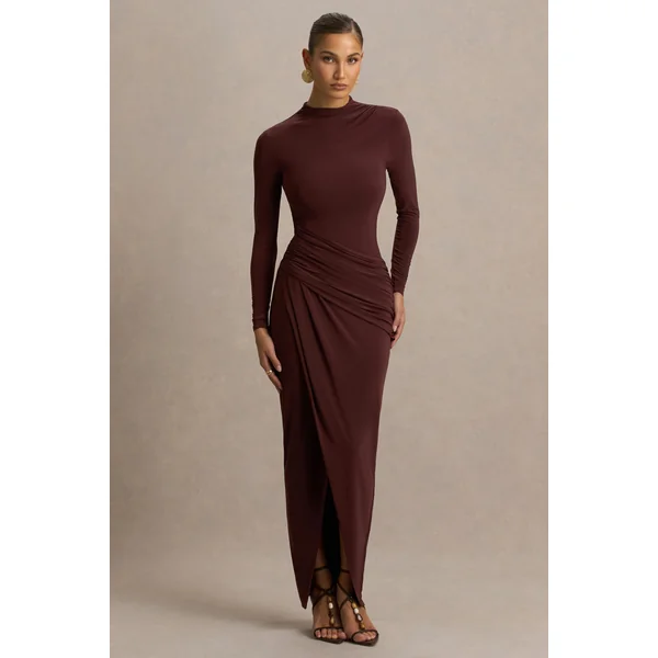 Zephyra | Robe longue marron drapée à col montant