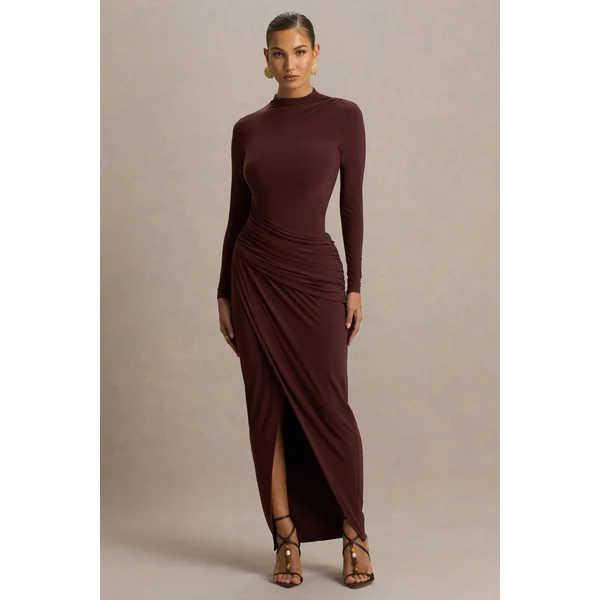 Zephyra | Robe longue marron drapée à col montant
