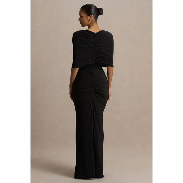 Zinnie | Robe longue noire à manches cape avec panneau en mesh