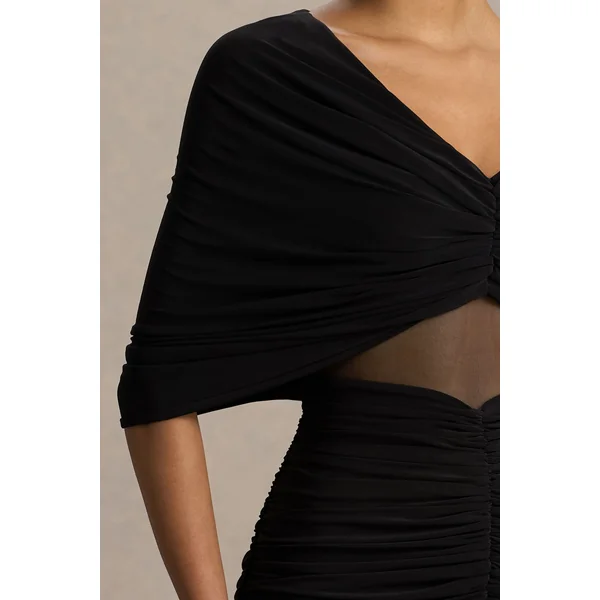Zinnie | Robe longue noire à manches cape avec panneau en mesh
