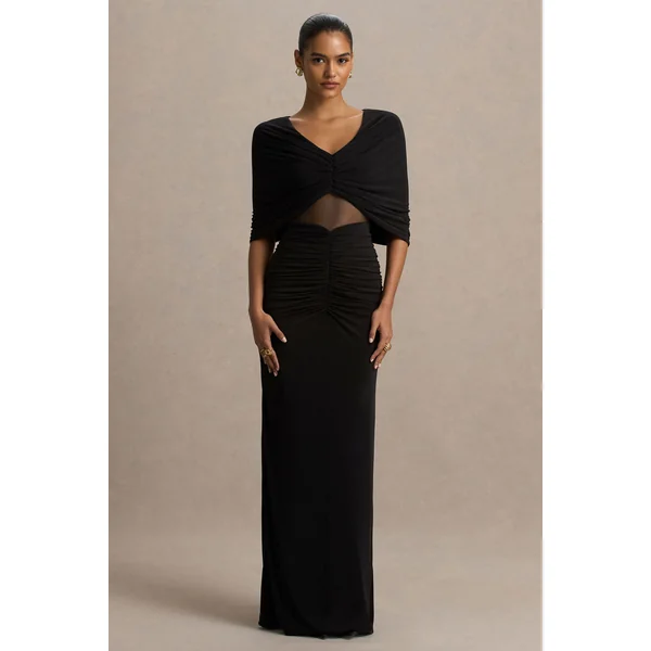 Zinnie | Robe longue noire à manches cape avec panneau en mesh