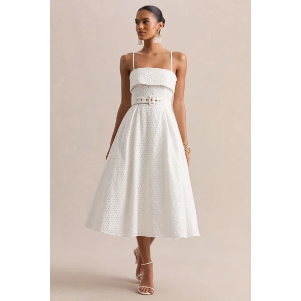 Zoeva | Robe mi-longue en broderie crème à décolleté carré et taille ceinturée