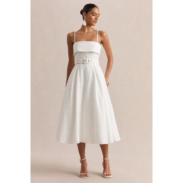 Zoeva | Robe mi-longue en broderie crème à décolleté carré et taille ceinturée