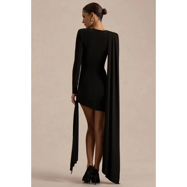 Zora | Mini-robe noire à col montant et drapé avec écharpe