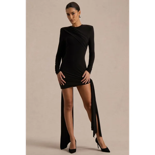 Zora | Mini-robe noire à col montant et drapé avec écharpe
