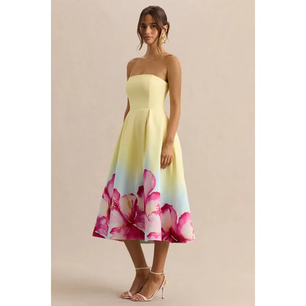 Zoya | Robe mi-longue jaune ombré à imprimé lys et encolure bandeau