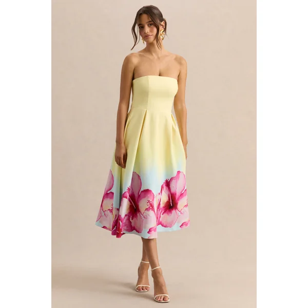 Zoya | Robe mi-longue jaune ombré à imprimé lys et encolure bandeau