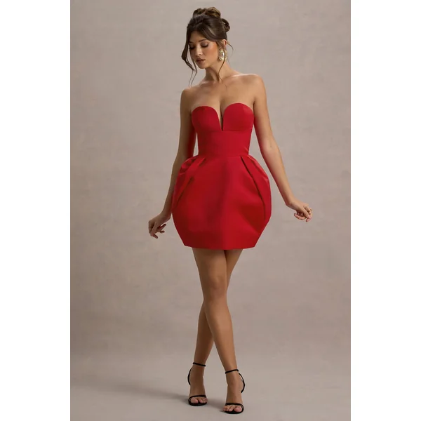 Zuki | Mini-Robe en Satin Rouge à Décolleté Cœur avec Jupe Tulipe