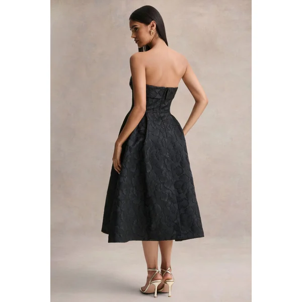 Zuma | Robe mi-longue bustier en jacquard métallisé noir