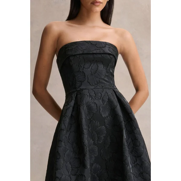 Zuma | Robe mi-longue bustier en jacquard métallisé noir