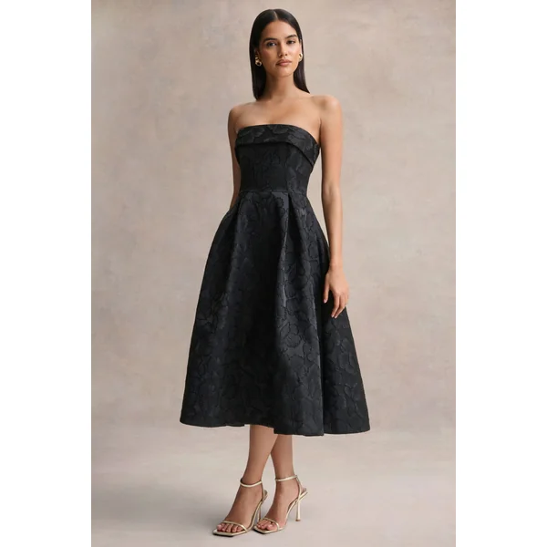 Zuma | Robe mi-longue bustier en jacquard métallisé noir