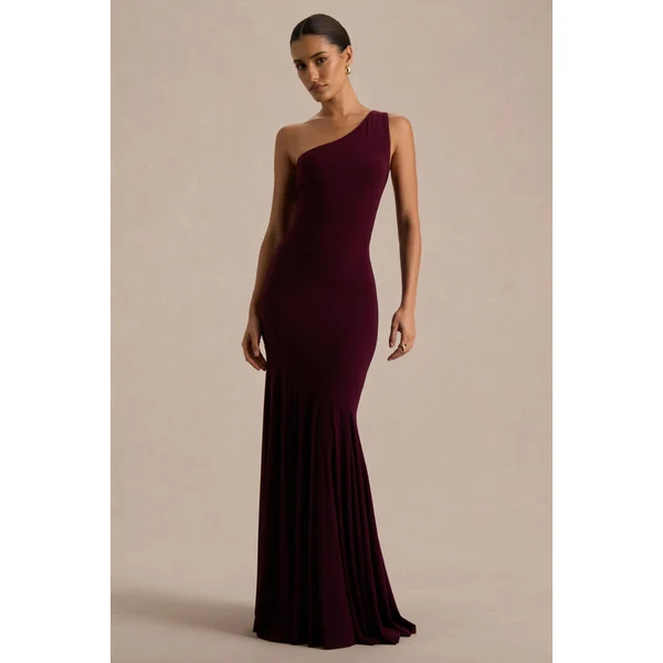 Zya | Robe longue sirène prune foncé à encolure asymétrique