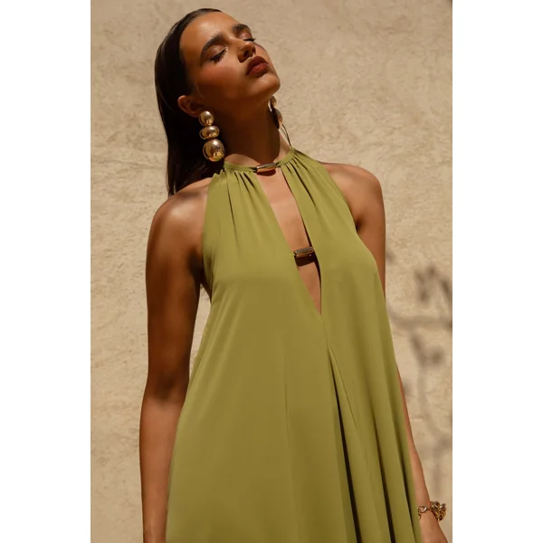 Zyon | Robe longue verte à col montant avec découpes