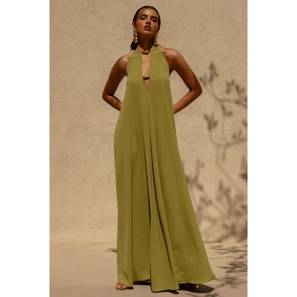 Zyon | Robe longue verte à col montant avec découpes
