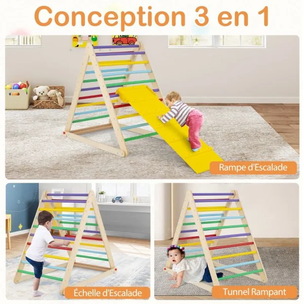 Échelle d’Escalade pour enfants Triangle d'Escalade pour Enfants de +3 Ans Capacité 60kg en Bois 120x71x110cm Coloré