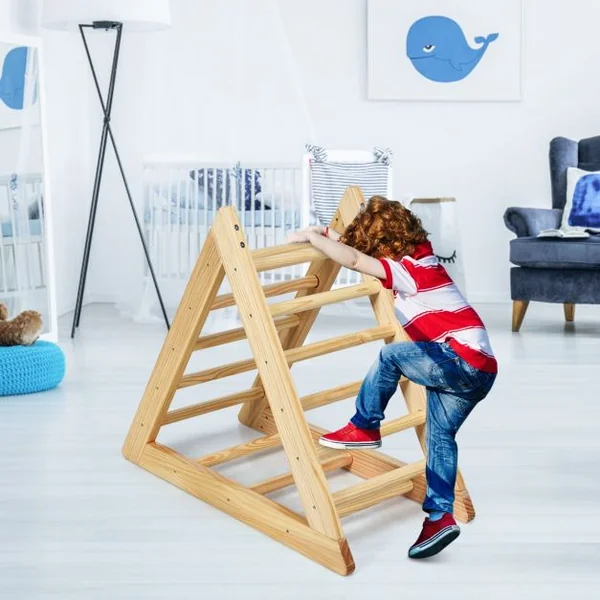 Échelle D’escalade Triangulaire pour Enfants Plus de 3 Ans Capacité 60 Kg en Bois de Pin Sans Bpa 92x46x80cm Naturel