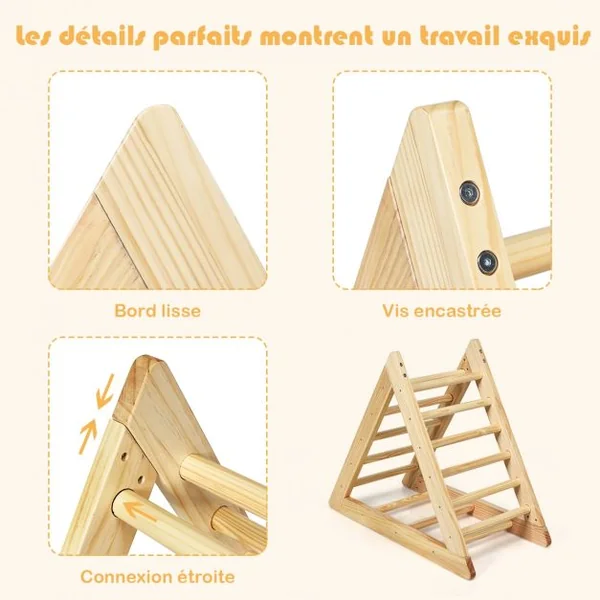 Échelle D’escalade Triangulaire pour Enfants Plus de 3 Ans Capacité 60 Kg en Bois de Pin Sans Bpa 92x46x80cm Naturel