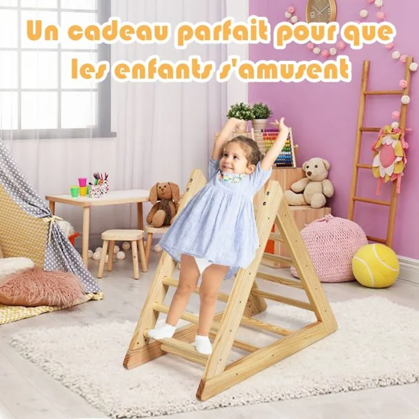 Échelle D’escalade Triangulaire pour Enfants Plus de 3 Ans Capacité 60 Kg en Bois de Pin Sans Bpa 92x46x80cm Naturel