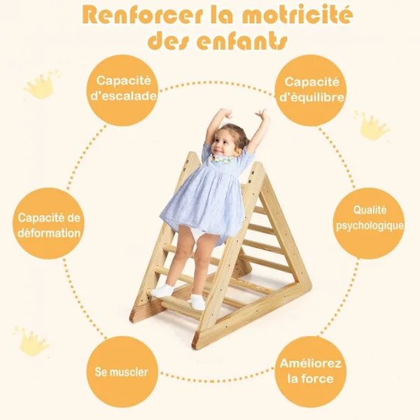 Échelle D’escalade Triangulaire pour Enfants Plus de 3 Ans Capacité 60 Kg en Bois de Pin Sans Bpa 92x46x80cm Naturel
