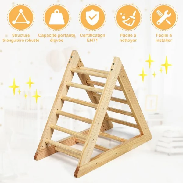 Échelle D’escalade Triangulaire pour Enfants Plus de 3 Ans Capacité 60 Kg en Bois de Pin Sans Bpa 92x46x80cm Naturel
