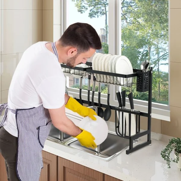 Égouttoir à Vaisselle et Couverts Rangement D’ustensile pour Évier Capacité 70kg en Acier Inoxydable 85x52x32cm Noir