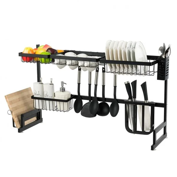 Égouttoir à Vaisselle et Couverts Rangement D’ustensile pour Évier Capacité 70kg en Acier Inoxydable 85x52x32cm Noir