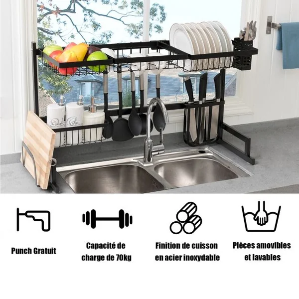 Égouttoir à Vaisselle et Couverts Rangement D’ustensile pour Évier Capacité 70kg en Acier Inoxydable 85x52x32cm Noir