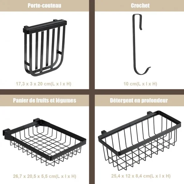 Égouttoir à Vaisselle et Couverts Rangement D’ustensile pour Évier Capacité 70kg en Acier Inoxydable 85x52x32cm Noir