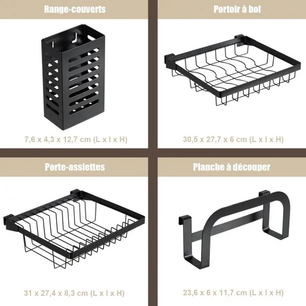 Égouttoir à Vaisselle et Couverts Rangement D’ustensile pour Évier Capacité 70kg en Acier Inoxydable 85x52x32cm Noir