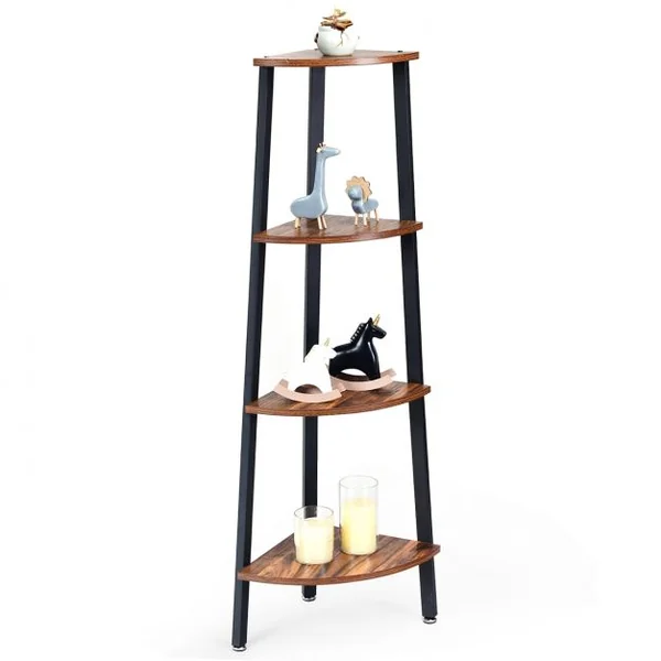Étagère d'Angle à 4 Niveaux Meuble de Rangement Structure Stable Capacité 60 Kg en Métal 35x35x125cm Marron et Noir