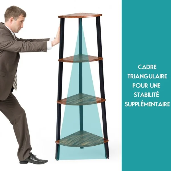 Étagère d'Angle à 4 Niveaux Meuble de Rangement Structure Stable Capacité 60 Kg en Métal 35x35x125cm Marron et Noir