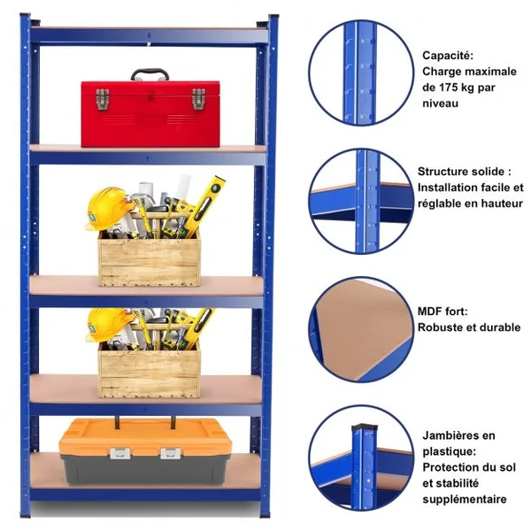 Étagère de Rangement 90x40x180CM avec 5 Tablettes Chaque Charge 175KG en Métal et Bois
