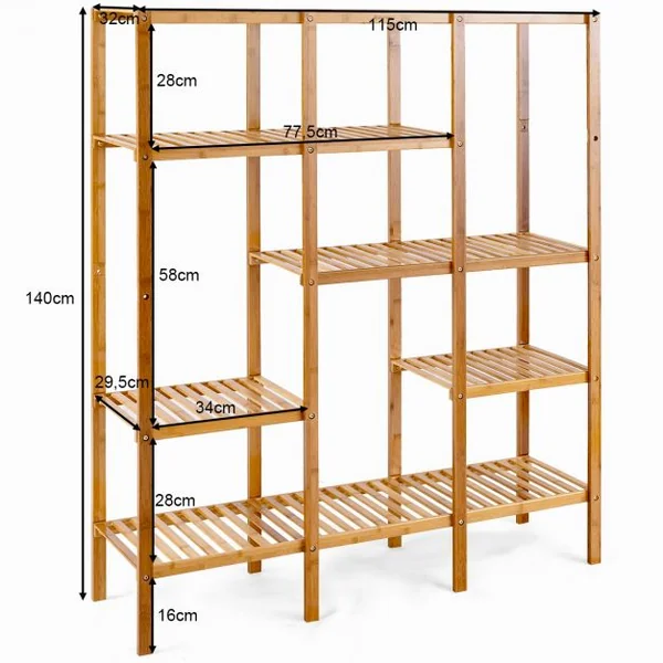 Étagère de Rangement Bibliothèque à 5 Niveaux Sur Pied Rangement pour Plantes et Livres en Bambou115x32x140cm Naturel