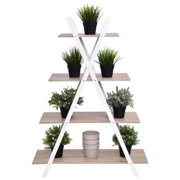 Étagère en Échelle Bibliothèque 4 Niveaux en Forme X Capacité 40 Kg en Mdf et Bois de Pin 80x33x109cm Blanc+Chêne