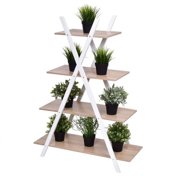 Étagère en Échelle Bibliothèque 4 Niveaux en Forme X Capacité 40 Kg en Mdf et Bois de Pin 80x33x109cm Blanc+Chêne