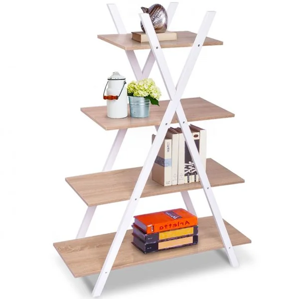 Étagère en Échelle Bibliothèque 4 Niveaux en Forme X Capacité 40 Kg en Mdf et Bois de Pin 80x33x109cm Blanc+Chêne