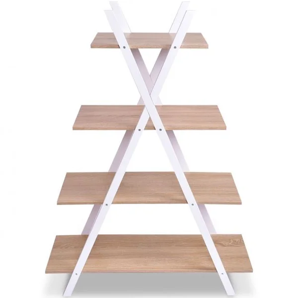 Étagère en Échelle Bibliothèque 4 Niveaux en Forme X Capacité 40 Kg en Mdf et Bois de Pin 80x33x109cm Blanc+Chêne