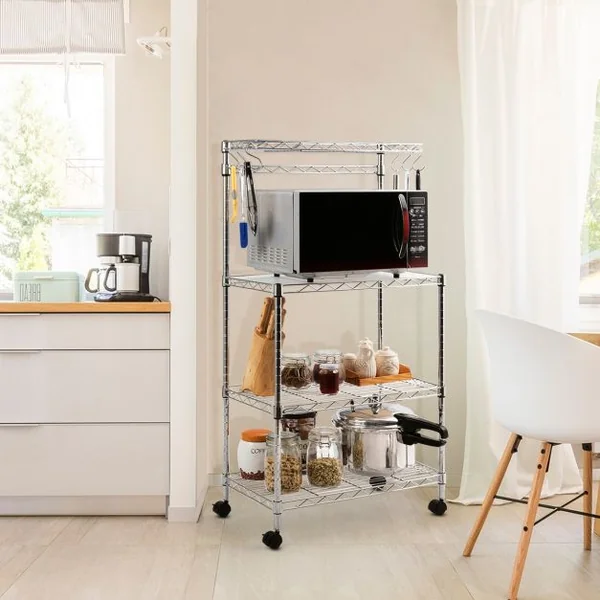 Étagère pour Micro-ondes à Roulettes Rangement de Cuisine à 4 Niveaux pour Epices en Métal 62x35x119cm Argenté