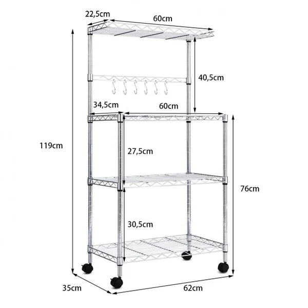 Étagère pour Micro-ondes à Roulettes Rangement de Cuisine à 4 Niveaux pour Epices en Métal 62x35x119cm Argenté